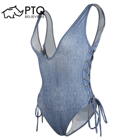 Sexy Lingerie Jumpsuit Back Denim Blue Lace Up One Piece Swimsuit Sexy V Neck High Fork Open