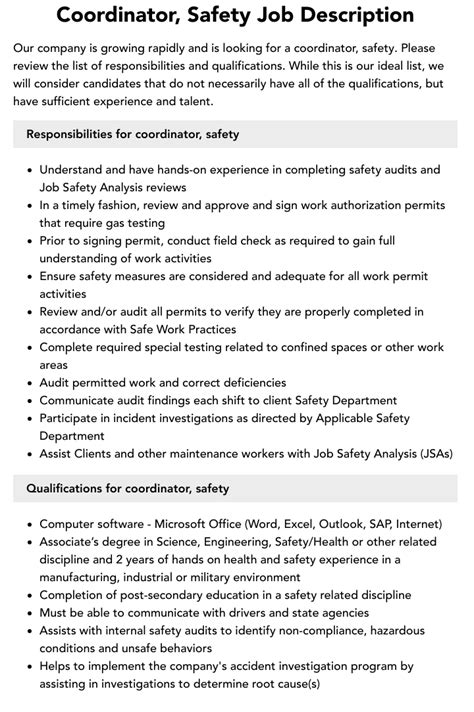 Coordinator Safety Job Description Velvet Jobs