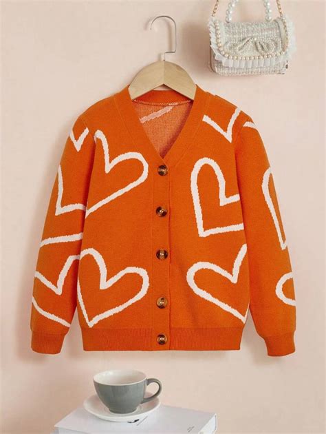 Shein Tween Girl Heart Pattern Button Front Cardigan Shein Usa