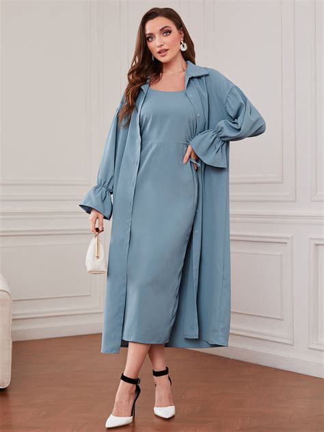 Shein Mulvari Solid Flounce Sleeve Coat And Cami Dress Shein Usa