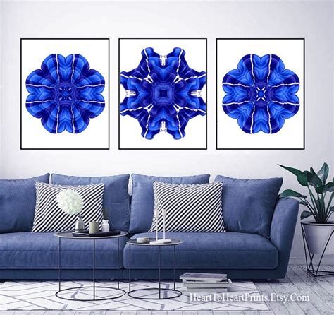 Royal Blue Wall Art Set of 3 Prints Blue Flower Printable Wall Art ...