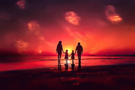 Una Familia Camina Por La Playa Al Atardecer Foto Premium