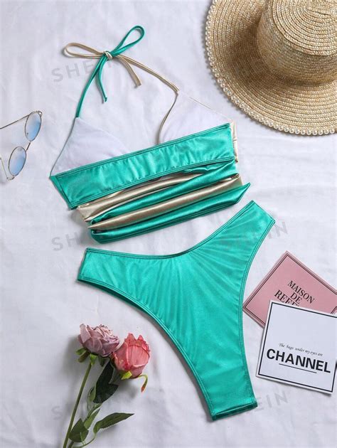 Shein Swim Vcay Color Block Split Type Swimsuit Set Cut Out Bikini