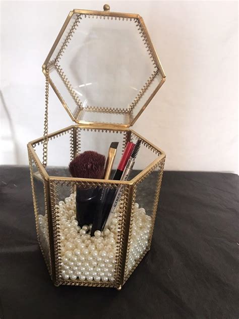 Brass Glass Makeup Brush Holder With Lid Make Up Brush Holder Etsy