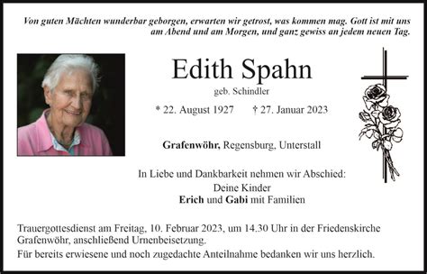 Traueranzeige Edith Spahn Grafenw Hr Oberpfalzecho