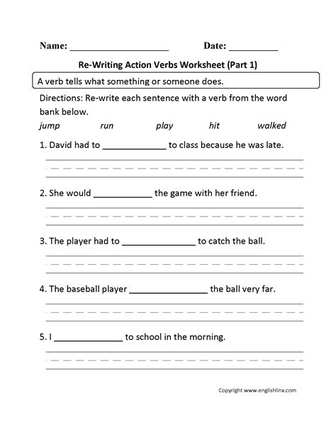 Action Verbs Worksheets | Re-Writing Action Verbs Worksheet Part 1