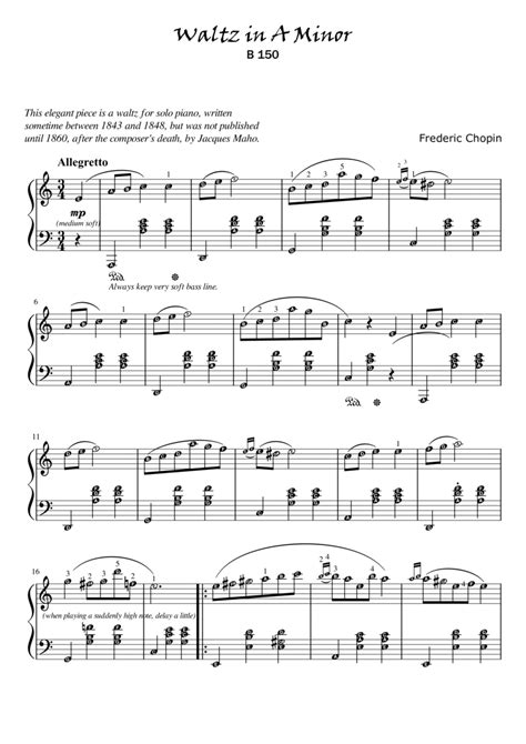 Free Sheet Music Chopin Frédéric B150 Waltz In A Minor Piano Solo