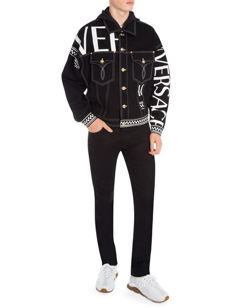 Versace Logo Check Print Denim Jacket In Black For Men Lyst