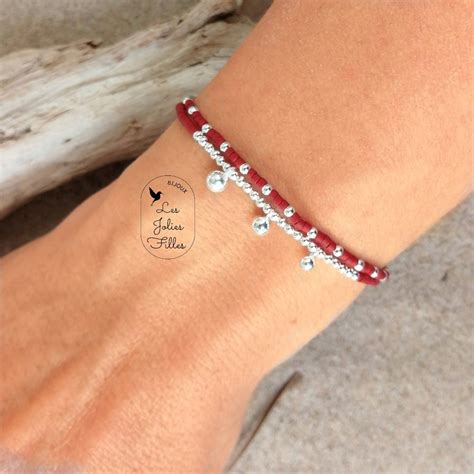 Bracelet Double Tour Lumineuse Argent Lastique Bordeaux Bijoux