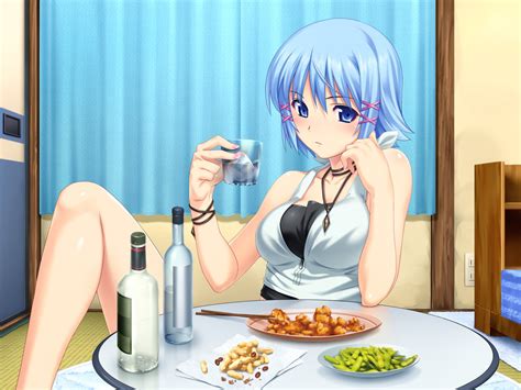 Indoors Blue Eyes Food Blue Hair Short Hair Tropical Kiss Anime Girls