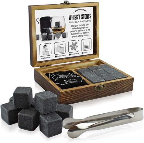 Whisky Stones Gift Set Stylish Wooden Box Includes Granite Chilling