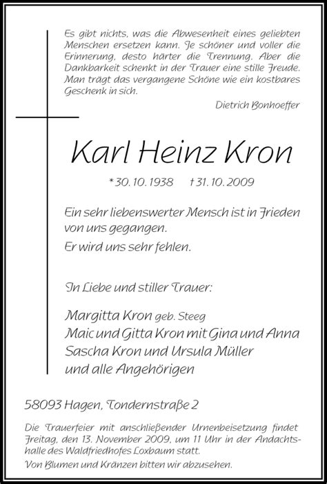 Trauer Und Todesanzeigen Von Karl Heinz Kron Trauer De