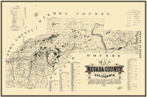 Historic Mine Map - Nevada County California - Hartwell 1880 - 23 x 34