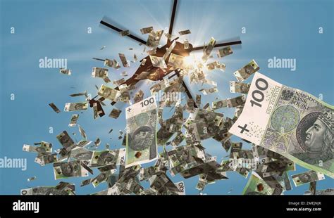 Polish Zloty Banknotes Helicopter Money Dropping Poland 100 PLN Notes