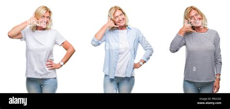 Collage Of Beautiful Middle Age Blonde Woman Over White Isolated Backgroud Smiling Doing Phone