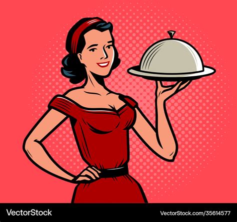 Beautiful Girl Waitress With A Tray Food Concept Vector Image