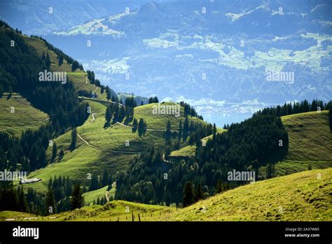 Panoramablick auf Landschaft aus Wiesen Berge und Täler von der