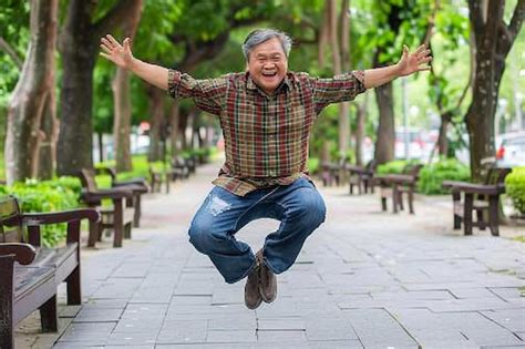 Mature Man Looking At Camera While Jumping On Footpath Premium AI