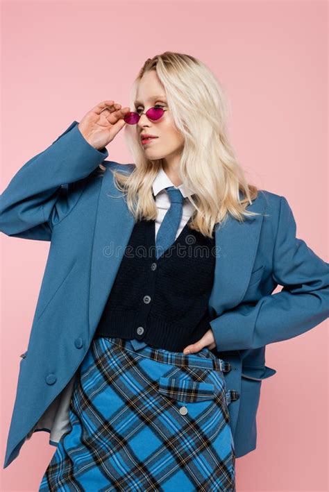 Blonde Woman In Blue Blazer With Stock Image Image Of Fashion