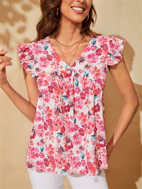 Shein Butterfly Sleeve Floral Print Blouse In Floral Print