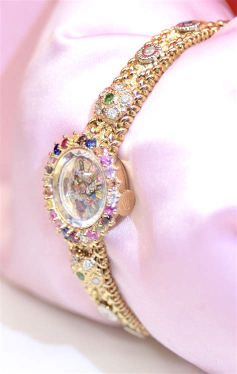 Vintage Rolex 14K Yellow Gold watch with Diamonds, Rubies, Sapphires ...