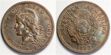 1882 Argentina 50 Centavo Capped Liberty Head Republic Coinage