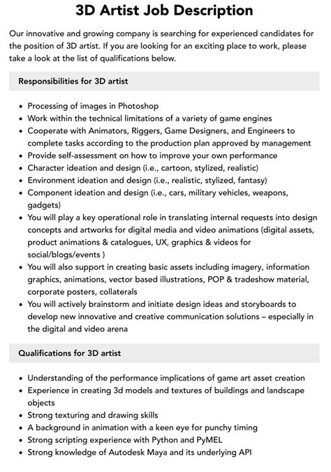 3d Artist Job Description Velvet Jobs