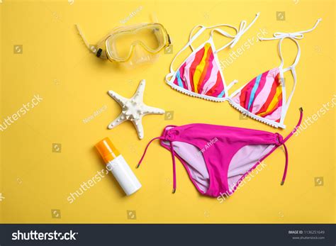 Flat Lay Composition Bikini Beach Objects Stock Photo 1136251649