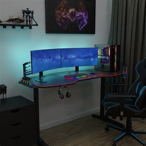 Mesa Gamer Grande Para 2 Monitores Preto E Vermelho Led Rgb