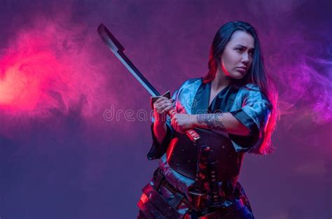 Female Samurai Holding Katana On Her Shoulder Stock Image Image Of