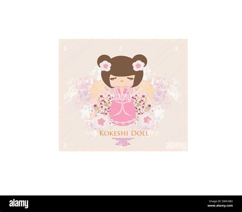 Kokeshi Doll On The Pink Background With Floral Ornament Stock Vector