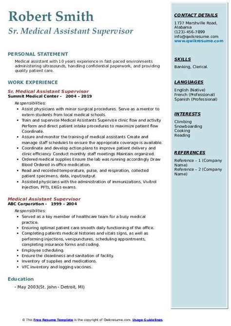 Medical Assistant Supervisor Resume Samples Qwikresume