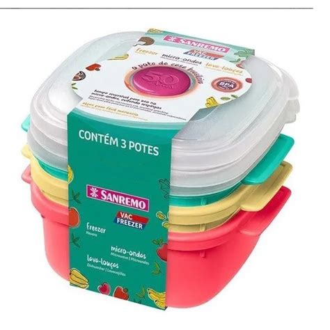 Kit Pote Sanremo Coloridos 1 3 L Freezer Hemético Plástico Quadrado