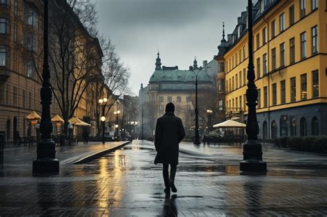 Un Hombre Camina Por Una Calle Mojada Bajo La Lluvia Foto Premium