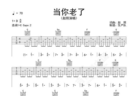 当你老了吉他谱 赵照 原版d调民谣弹唱谱 吉他谱中国
