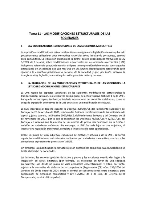 Tema 11 Derecho De Sociedades Modificaciones Estructurales 1