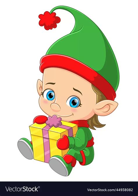 Cute Elf Sitting And Holding A Gift Vector Image On VectorStock