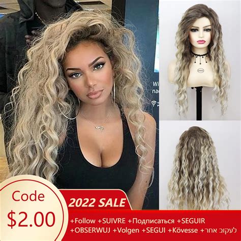 Gnimegil Long Blonde Curly Wavy Wigs For Women Synthetic Hair Wig Brown Roots Ombre Blonde