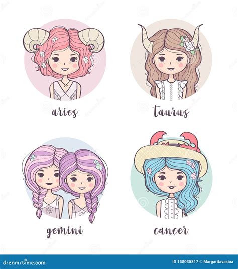 Vector Set Of Cute Zodiac Girls Stock Vector Illustration Of Fashion