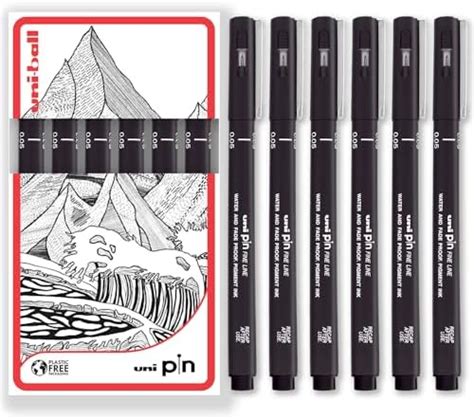 Uni Pin Fineliner Lot de 6 stylos à dessin à encre noire Pointe fine 0