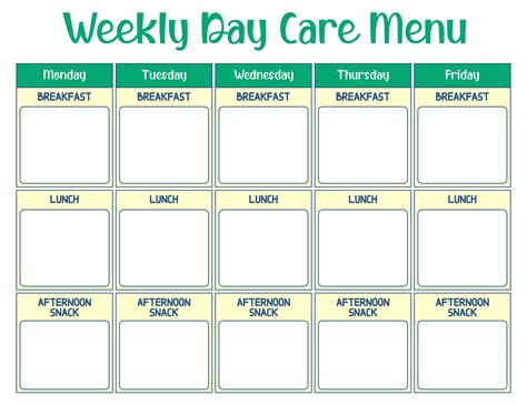 Free Printable Day Care Menus