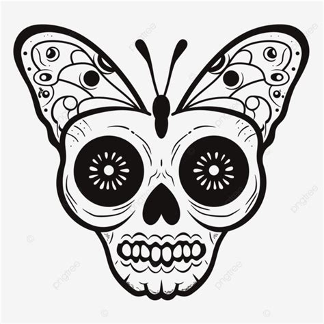 Day Of The Dead Butterfly Skull Black And White Image Outline Sketch