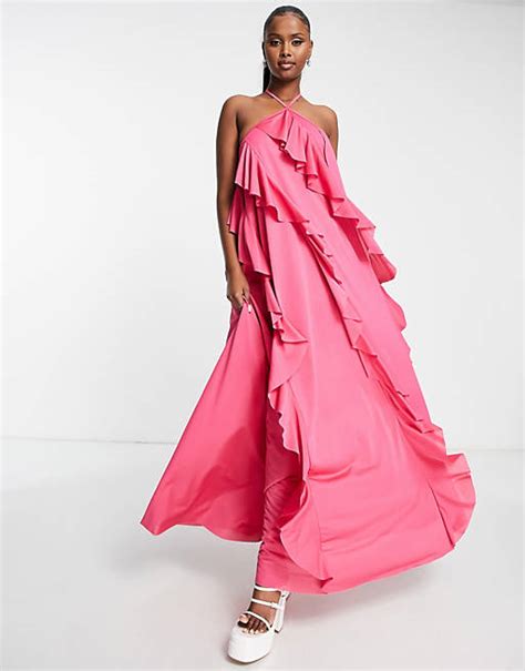 Asos Design Halter Tiered Ruffle Maxi Dress In Pink Lpink Asos