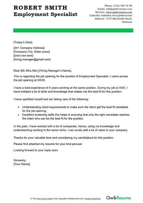 Employment Specialist Cover Letter Examples Qwikresume