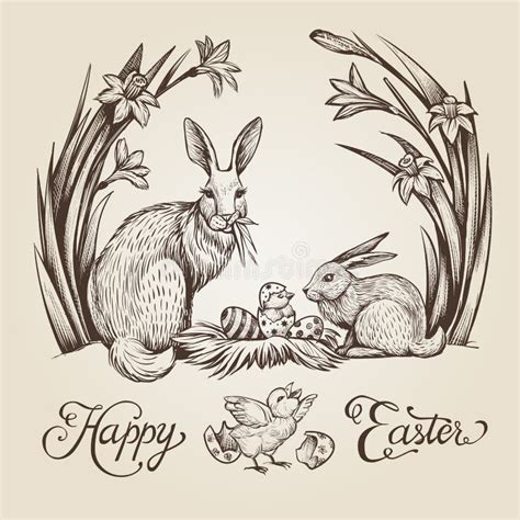 Easter Vintage Hand Drawn Vector Illustrations Set Stock Vector