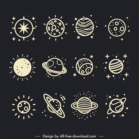 Universe Icons Collection Handdrawn Planets Line Art Vectors Images