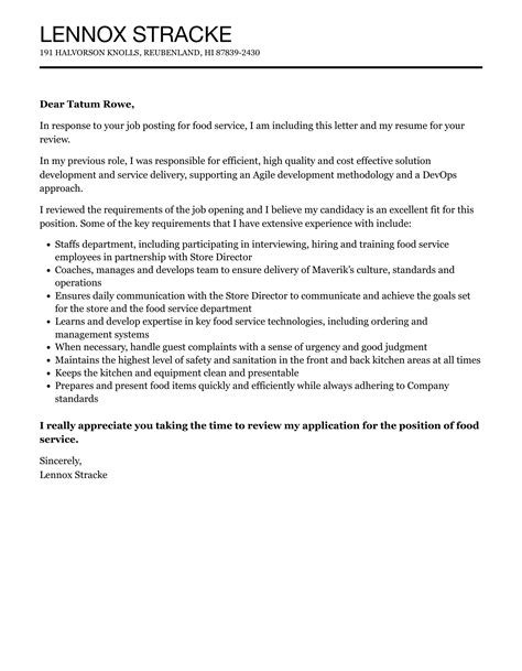 Food Service Cover Letter Velvet Jobs