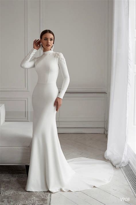 A Line Wedding Dress Floral Lace Trumpet High Neck High Back Long