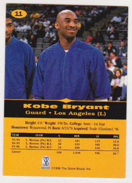 1996 Kobe Bryant Score Board All Sport PPF 11 Rookie Card Property Room