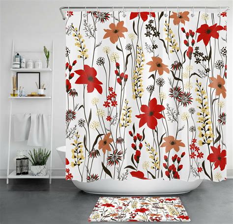 Botanical Bliss Vibrant Red Floral Shower Curtain Set With Natural